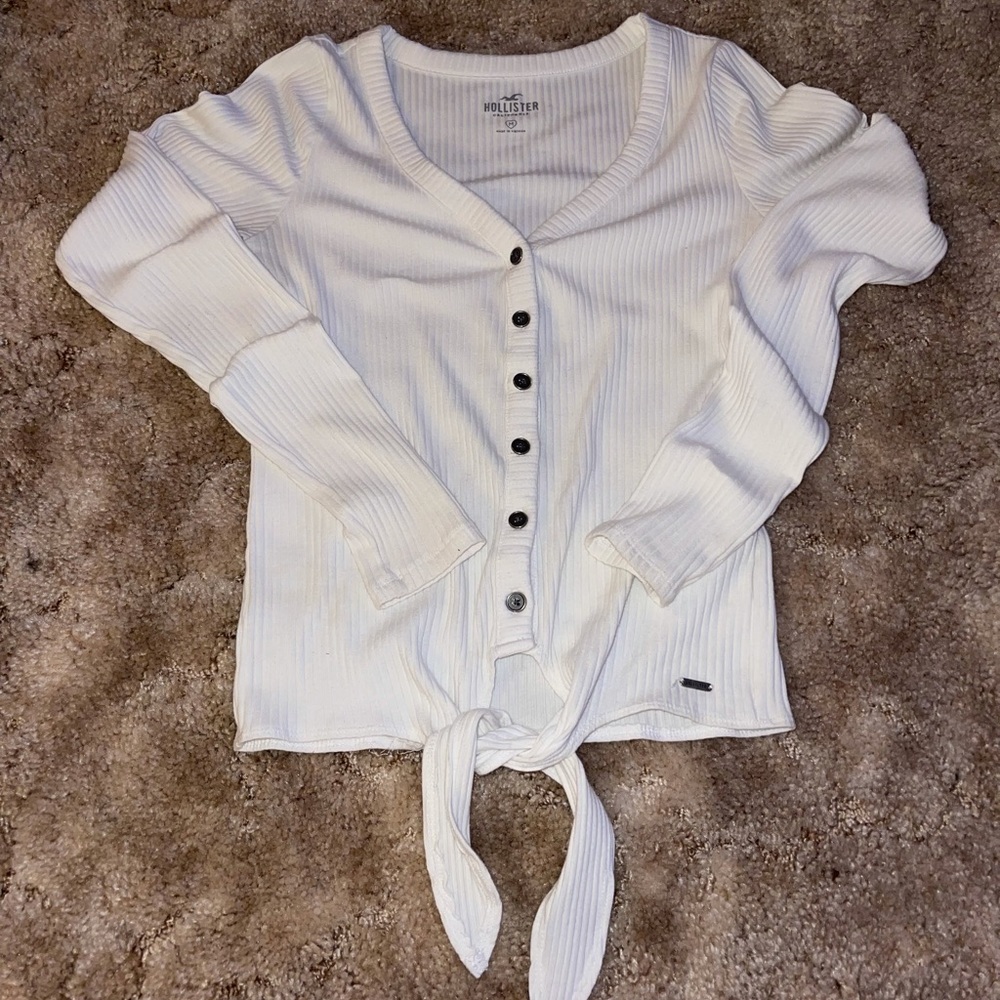 White Hollister Long Sleeve Button-Up Shirt with Front Tie